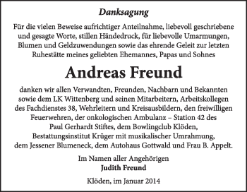 Traueranzeige von Andreas Freund von WVG - Wochenspiegel Wittenberg