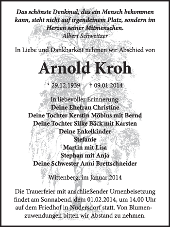 Traueranzeige von Arnold Kroh von WVG - Wochenspiegel Wittenberg