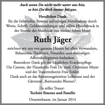 Traueranzeige von Ruth Jäger von WVG - Wochenspiegel Wittenberg