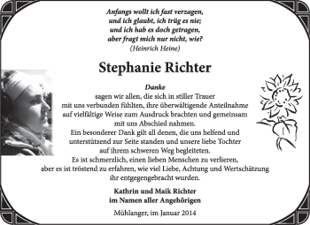 Traueranzeige von Stephanie Richter von WVG - Wochenspiegel Wittenberg
