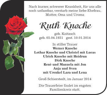 Traueranzeige von Ruth Knoche von WVG - Wochenspiegel Aschersleben