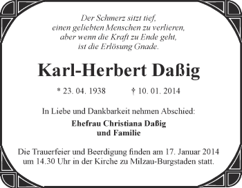 Traueranzeige von Karl-Herbert Daßig von WVG - Wochenspiegel Merseburg