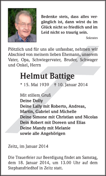 Traueranzeige von Helmut Battige von WVG - Wochenspiegel NMB / WSF / ZTZ
