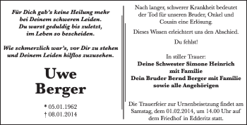 Traueranzeige von Uwe Berger von Super Sonntag Dessau / Köthen