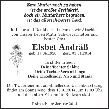 Traueranzeige von Elsbet Andräß von WVG - Wochenspiegel Bitterfeld