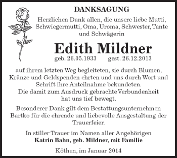 Traueranzeige von Edith Mildner von WVG - Wochenspiegel Dessau / Köthen