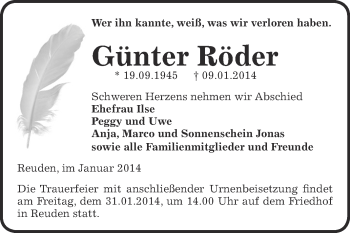 Traueranzeige von Günter Röder von WVG - Wochenspiegel Bitterfeld