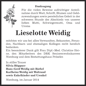 Traueranzeige von Lieselotte Weidig von Super Sonntag Bernburg