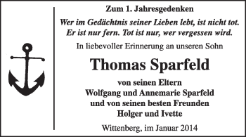 Traueranzeige von Thomas Sparfeld von Super Sonntag Wittenberg