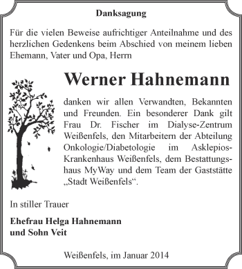 Traueranzeige von Werner Hahnemann von Super Sonntag Merseburg
