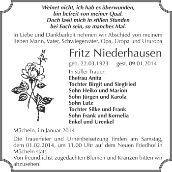 Traueranzeige von Fritz Niederhausen von WVG - Wochenspiegel Merseburg