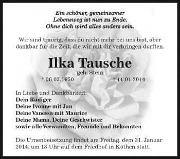 Traueranzeige von Ilka Tausche von WVG - Wochenspiegel Dessau / Köthen