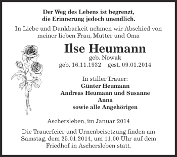 Traueranzeige von Ilse Heumann von WVG - Wochenspiegel Aschersleben