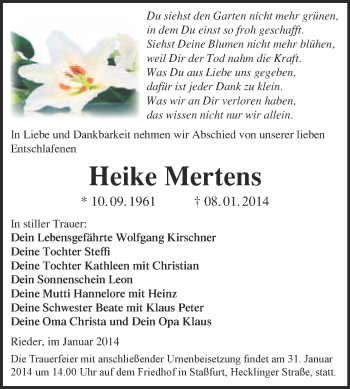 Traueranzeige von Heike Mertens von WVG - Wochenspiegel Quedlinburg
