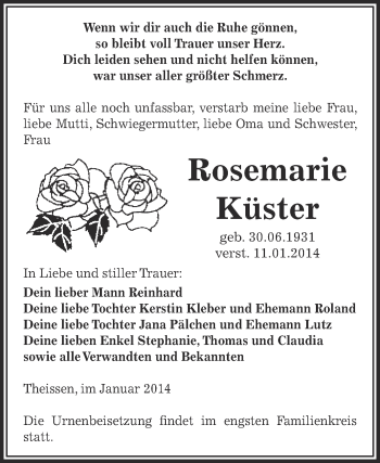 Traueranzeige von Rosemarie Küster von Super Sonntag Zeitz