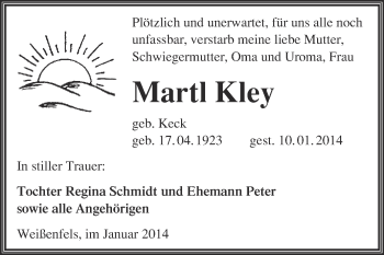Traueranzeige von Martl Kley von Super Sonntag Merseburg