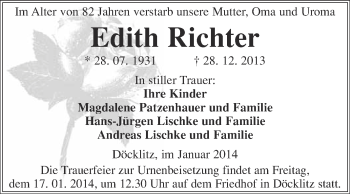Traueranzeige von Edith Richter von WVG - Wochenspiegel Merseburg
