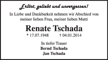 Traueranzeige von Renate Tschada von Super Sonntag Dessau / Köthen