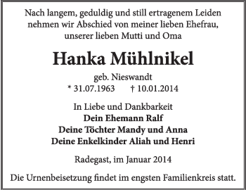 Traueranzeige von Hanka Mühlnikel von Super Sonntag Dessau / Köthen