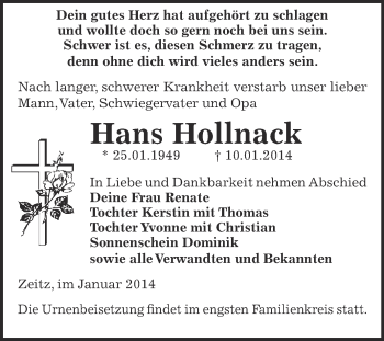 Traueranzeige von Hans Hollnack von Super Sonntag Zeitz