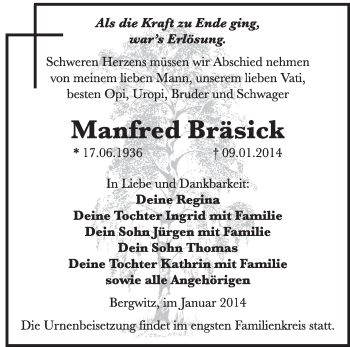 Traueranzeige von Manfred Bräsick von WVG - Wochenspiegel Wittenberg