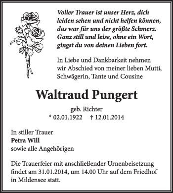 Traueranzeige von Waltraud Pungert von Super Sonntag Dessau / Köthen