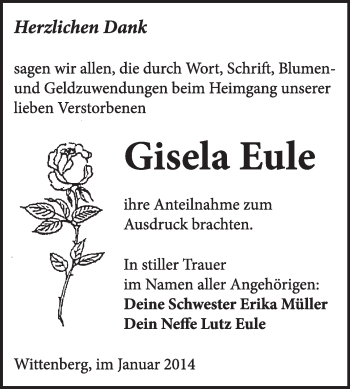 Traueranzeige von Gisela Eule von WVG - Wochenspiegel Wittenberg