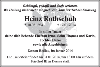 Traueranzeige von Heinz Rothschuh von Super Sonntag Dessau / Köthen