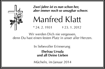 Traueranzeige von Manfred Klatt von Super Sonntag Merseburg