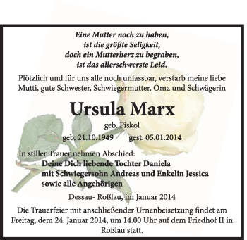 Traueranzeige von Ursula Marx von Super Sonntag Dessau / Köthen