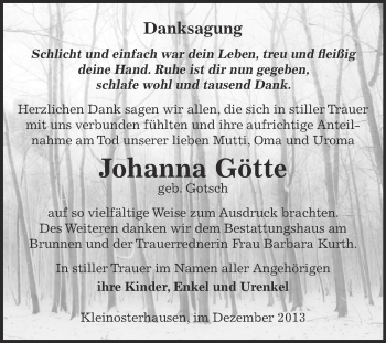 Traueranzeige von Johanna Götte von Wochenspiegel Mansfelder Land