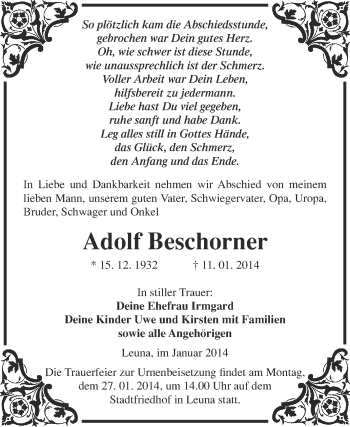 Traueranzeige von Adolf Beschorner von Super Sonntag Merseburg