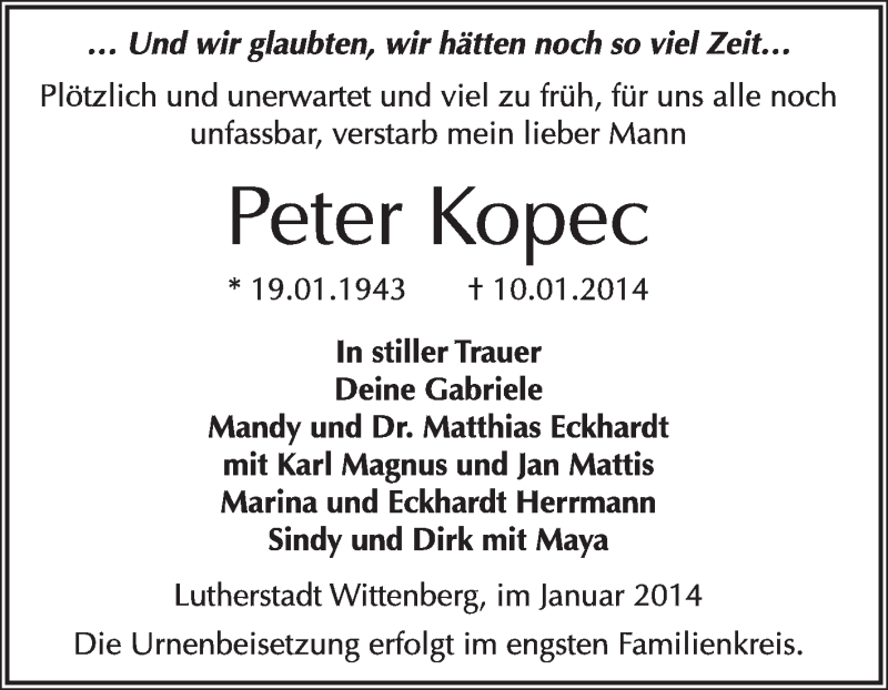  Traueranzeige für Peter Kopec vom 19.01.2014 aus WVG - Wochenspiegel Wittenberg