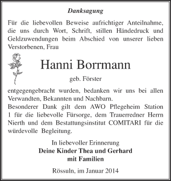 Traueranzeige von Hanni Borrmann von WVG - Wochenspiegel NMB / WSF / ZTZ