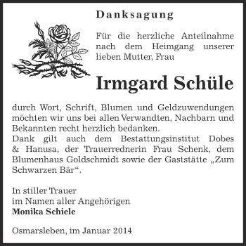 Traueranzeige von Irmgard Schüle von Super Sonntag Bernburg