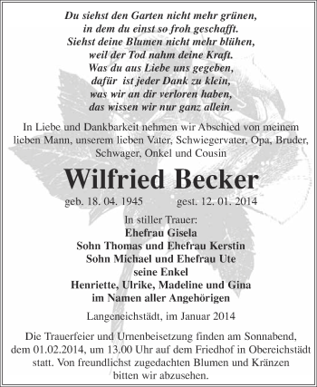 Traueranzeige von Wilfried Becker von WVG - Wochenspiegel Merseburg