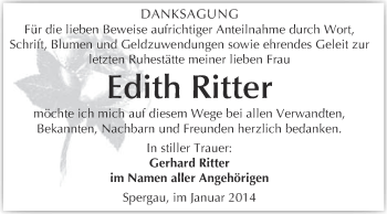 Traueranzeige von Edith Ritter von Super Sonntag Merseburg