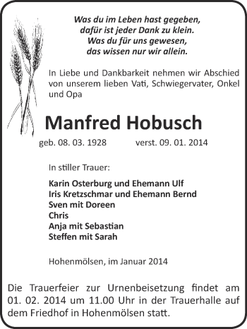 Traueranzeige von Manfred Hobusch von WVG - Wochenspiegel NMB / WSF / ZTZ