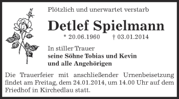 Traueranzeige von Detlef Spielmann von Super Sonntag Bernburg