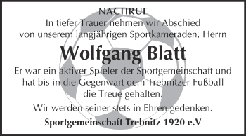 Traueranzeige von Wolfgang Blatt von WVG - Wochenspiegel NMB / WSF / ZTZ