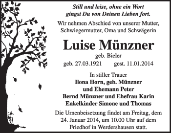 Traueranzeige von Luise Münzner von Super Sonntag Dessau / Köthen
