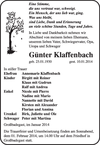 Traueranzeige von Günther Klaffenbach von Super Sonntag Dessau / Köthen