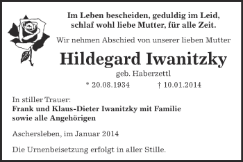 Traueranzeige von Hildegard Iwanitzky von Super Sonntag Aschersleben