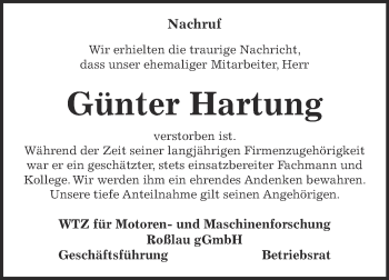 Traueranzeige von Günter Hartung von WVG - Wochenspiegel Dessau / Köthen