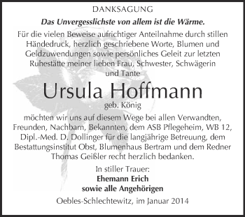 Traueranzeige von Ursula Hoffmann von Super Sonntag Merseburg