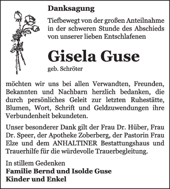 Traueranzeige von Gisela Guse von Super Sonntag Dessau / Köthen