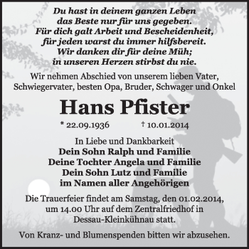 Traueranzeige von Hans Pfister von Super Sonntag Dessau / Köthen