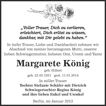 Traueranzeige von Margarete König von Super Sonntag Bernburg