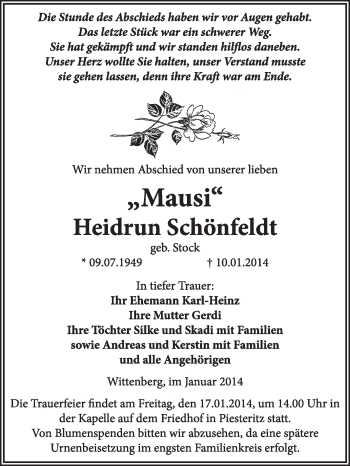 Traueranzeige von Heidrun Schönfeldt von WVG - Wochenspiegel Wittenberg
