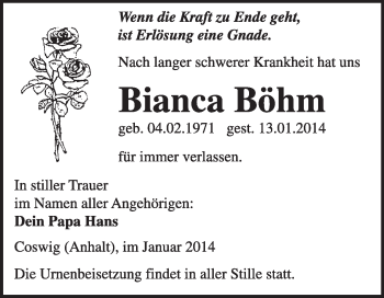 Traueranzeige von Bianca Böhm von Super Sonntag Wittenberg
